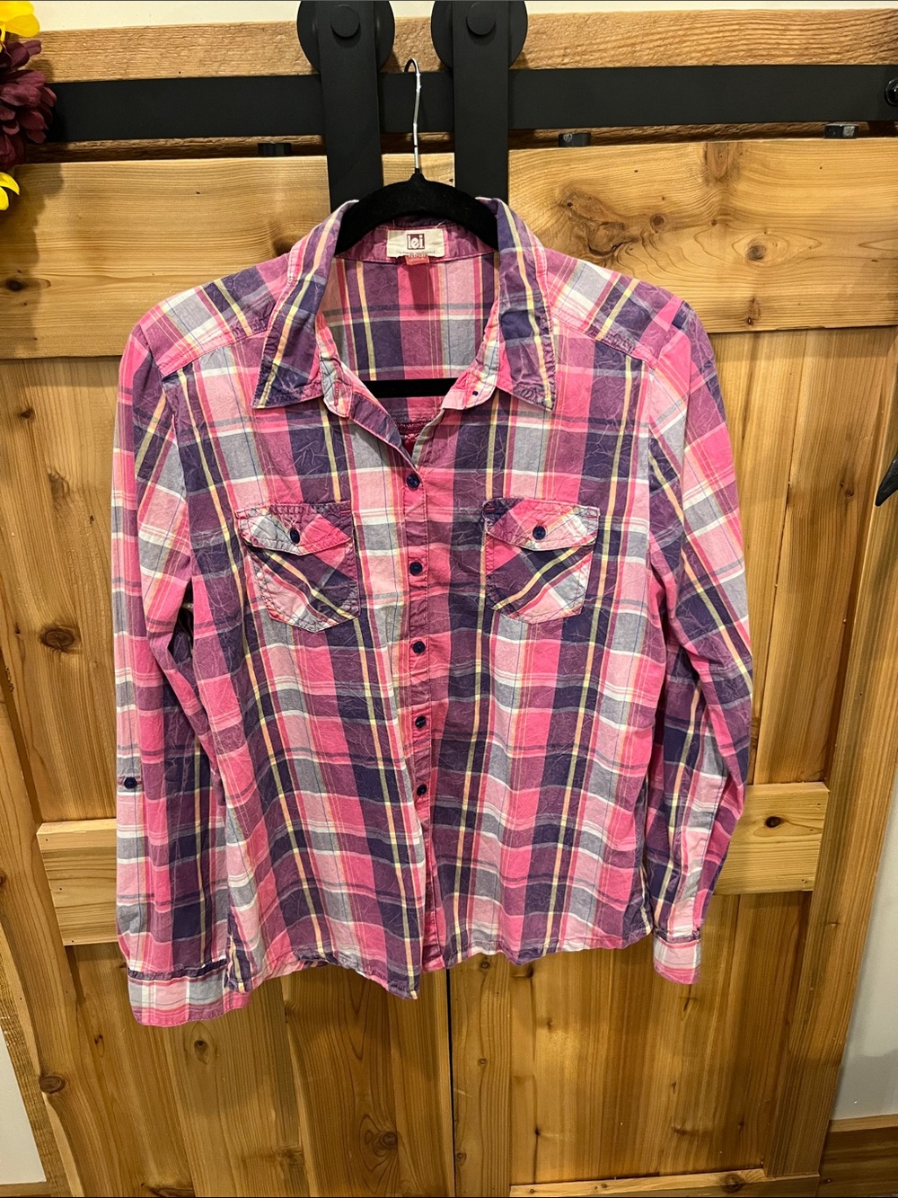 lei Pink and Purple Plaid Button-Down Shirt with Chest Pockets